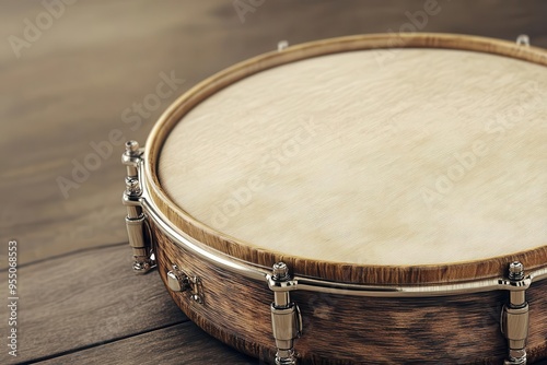 Close-up of a wooden drum on a rustic wooden surface, showcasing craftsmanship and detail. Perfect for music-themed projects.