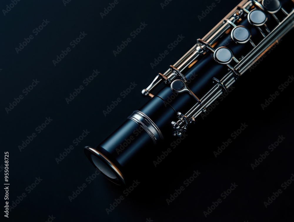 Naklejka premium Close-up of a clarinet showcasing its intricate details and polished finish against a dark background. 