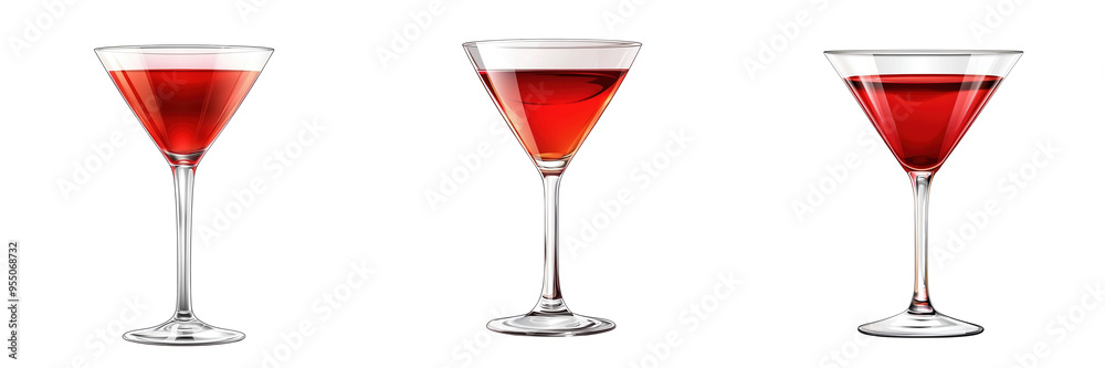 Three elegant cocktails in stylish glasses, showcasing vibrant red color and refreshing appeal, perfect for any celebration. Three elegant cocktails in stylish glasses, showcasing vibrant red color and refreshing appeal, perfect for any celebration.