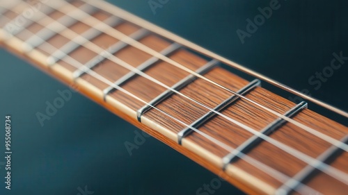 Close-up of a guitar fretboard showcasing intricate details and craftsmanship, perfect for music and instrument lovers.