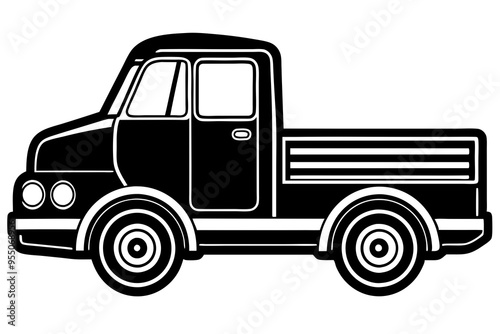 A beautiful vehicle truck linocut silhouette black side view vector art illustration photo