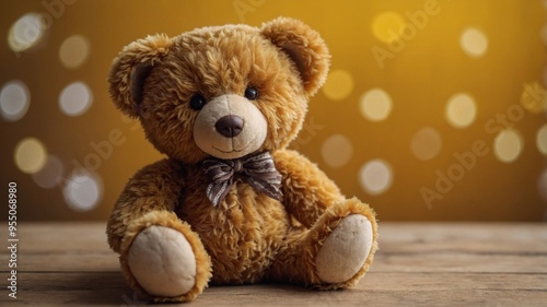 High Angle View Of Teddy Bear On Yellow Background. photo