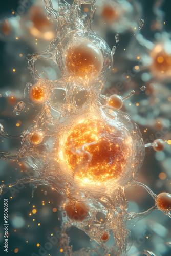 A close-up of deuterium and tritium nuclei merging in a controlled fusion reaction, with visible neutron release and energy waves, isolated on a pastel green background, photo