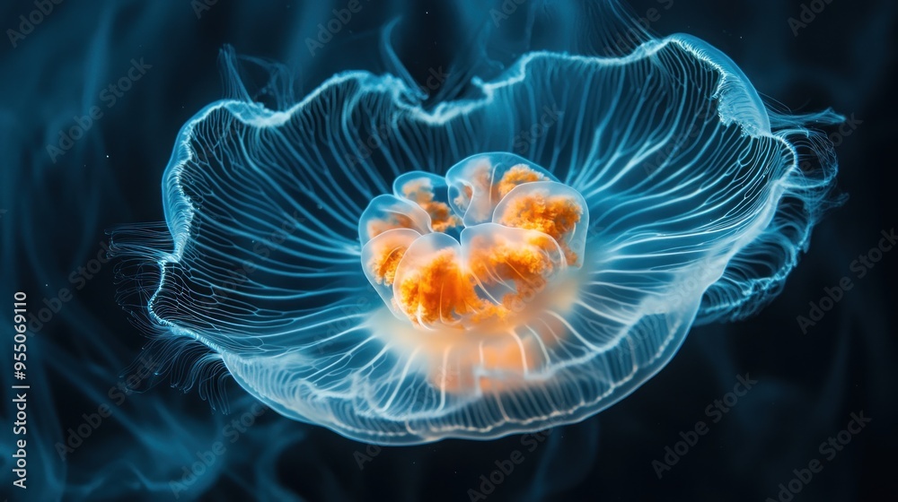 Close-up of a glowing jellyfish in the ocean Close-up of a glowing jellyfish in the ocean