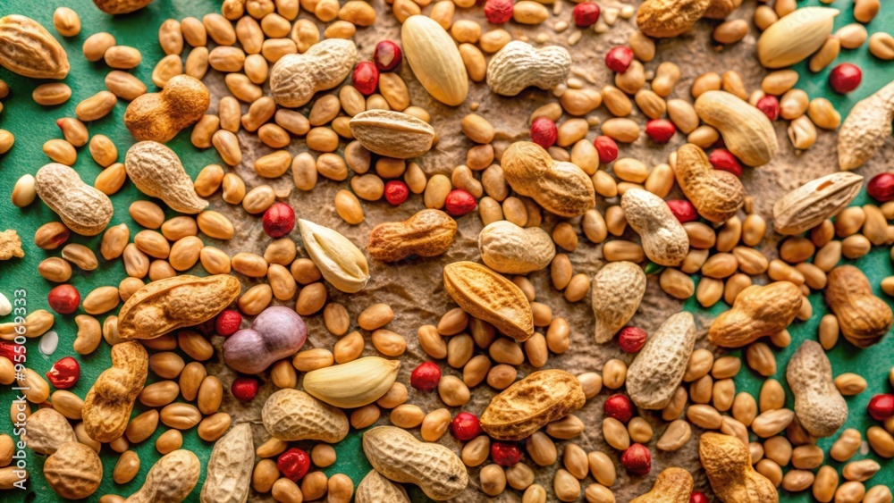 Naklejka premium A Scattering of Peanuts and Seeds on a Green Surface