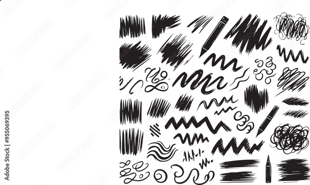 Vector hand drawn charcoal pencil squiggles, rough brush strokes, scribbles, bold zigzag line and swirls. Crayon doodle wavy strip, chalk smears, curly underlines. Black coal scratch or squiggly lines Vector hand drawn charcoal pencil squiggles, rough brush strokes, scribbles, bold zigzag line and swirls. Crayon doodle wavy strip, chalk smears, curly underlines. Black coal scratch or squiggly lines