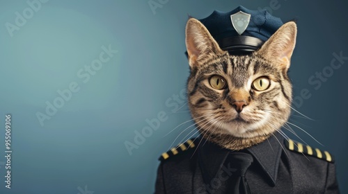 A humorous image of a cat dressed in a police uniform, suggesting a comical portrayal of a feline officer against a blue background.