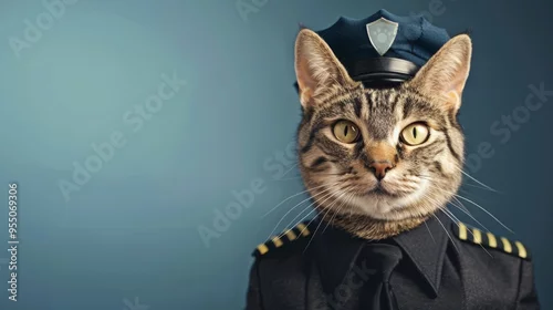 Obraz A humorous image of a cat dressed in a police uniform, suggesting a comical portrayal of a feline officer against a blue background.