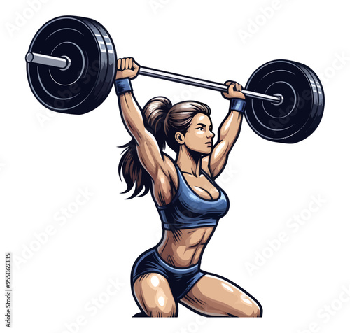 Powerful vector illustration of a female weightlifter performing an overhead lift with a heavy barbell.