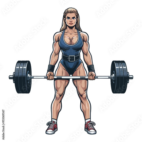 Bold vector illustration of a strong female weightlifter holding a heavy barbell, showcasing power and determination.