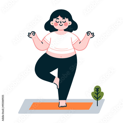 Vector illustration of a curvy woman practicing yoga, embracing body positivity and mindfulness in a simple, stylized design.