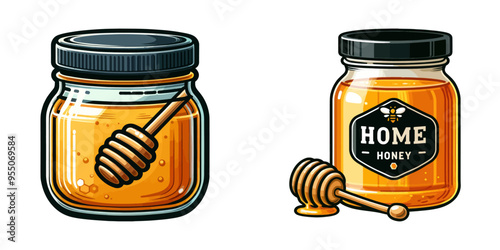 Vector illustration of two honey jars with a honey dipper, representing natural sweetness and homemade quality.