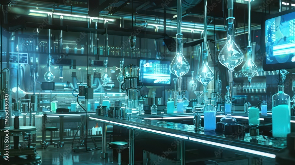 Futuristic Laboratory with Blue Glowing Liquids Futuristic Laboratory with Blue Glowing Liquids