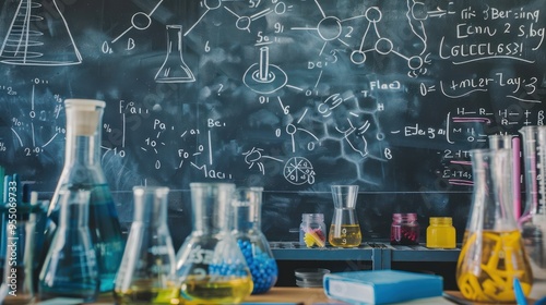 Chemistry Classroom with Flasks and Equations