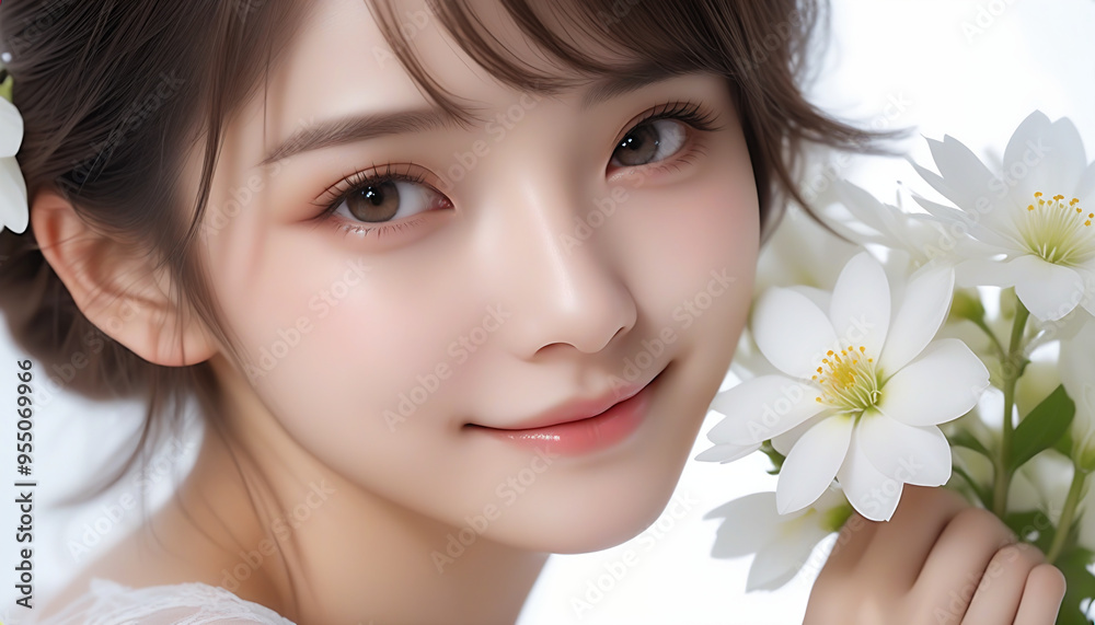 Beauty portrait of a beautiful young woman. Beautiful natural face, beauty image, white flowers. 美しい若い女性の美容ポートレート。美しい素顔、美容イメージ、白い花。 Beauty portrait of a beautiful young woman. Beautiful natural face, beauty image, white flowers. 美しい若い女性の美容ポートレート。美しい素顔、美容イメージ、白い花。