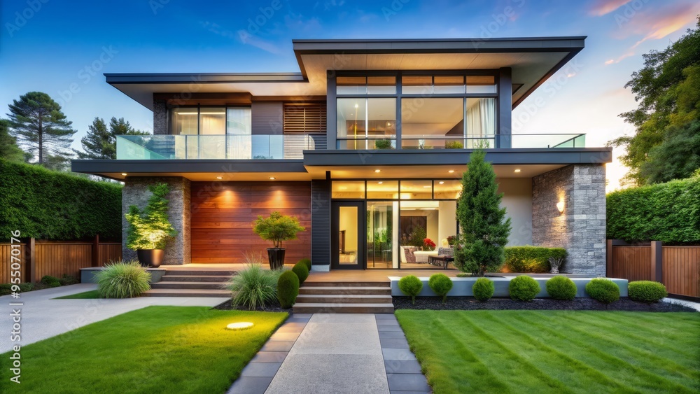 Modern suburban home with large windows, sliding glass doors, and a welcoming entrance, surrounded by lush greenery and a manicured front lawn. Modern suburban home with large windows, sliding glass doors, and a welcoming entrance, surrounded by lush greenery and a manicured front lawn.