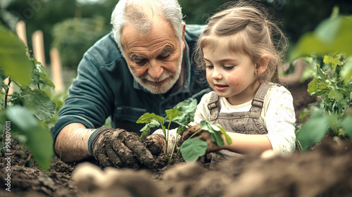 Grandfather and granddaughter plant a tree in the park on a sunny day. Planting a family tree. Cheerful little gardener. Spring concept, nature and care.