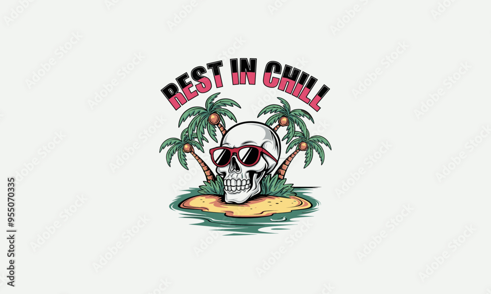 Fototapeta premium A skull wearing sunglasses on a tropical island with 