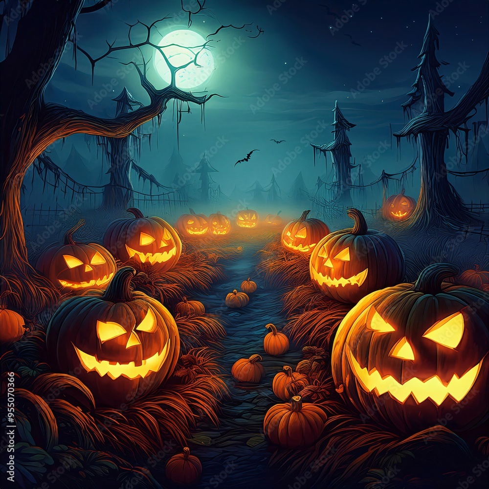 Fototapeta premium Spooky Pumpkin Patch with Glowing Jack-o-Lanterns, Twisted Vines, And A Foggy, Moonlit Night