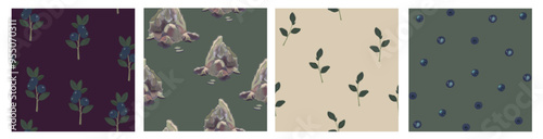 Set of seamless natural forest patterns. Branches with leaves, blueberries and stone
