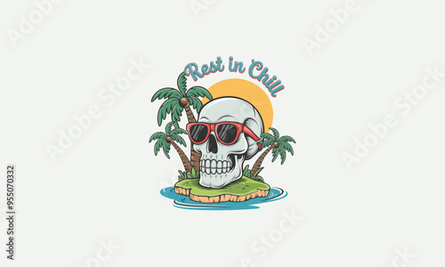 A skull wearing sunglasses on a tropical island with "Rest in Chill" text.