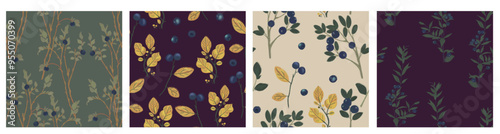 Set of seamless natural forest patterns. Blueberry branches, yellow autumn leaves