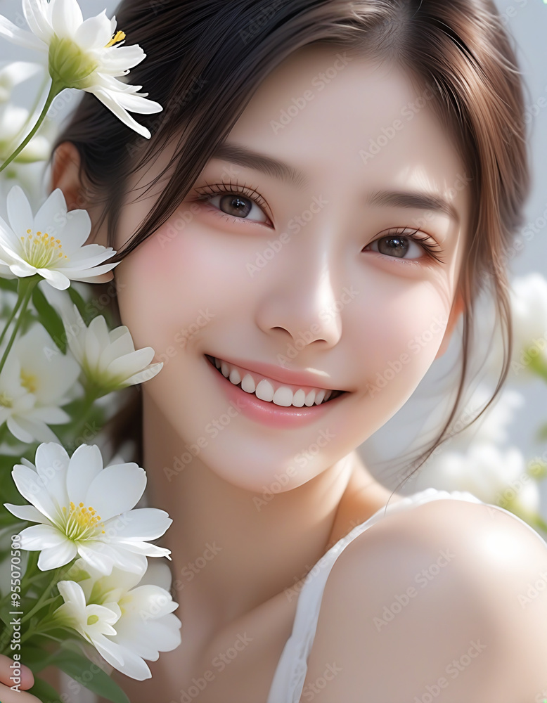 Beauty portrait of a beautiful young woman. Beautiful natural face, beauty image, white flowers. 美しい若い女性の美容ポートレート。美しい素顔、美容イメージ、白い花。 Beauty portrait of a beautiful young woman. Beautiful natural face, beauty image, white flowers. 美しい若い女性の美容ポートレート。美しい素顔、美容イメージ、白い花。