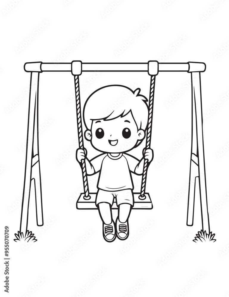 Illustration Coloring draw child playing boys using swing in playground black and white version good for kids Illustration Coloring draw child playing boys using swing in playground black and white version good for kids