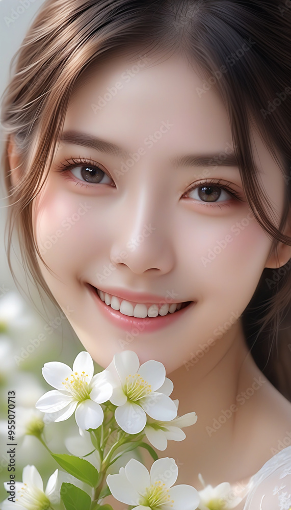Beauty portrait of a beautiful young woman. Beautiful natural face, beauty image, white flowers. 美しい若い女性の美容ポートレート。美しい素顔、美容イメージ、白い花。 Beauty portrait of a beautiful young woman. Beautiful natural face, beauty image, white flowers. 美しい若い女性の美容ポートレート。美しい素顔、美容イメージ、白い花。