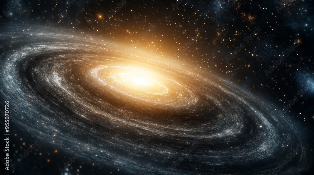 Obraz premium A stunning view of a spiral galaxy with radiant stars and cosmic dust, symbolizing the beauty of the universe.