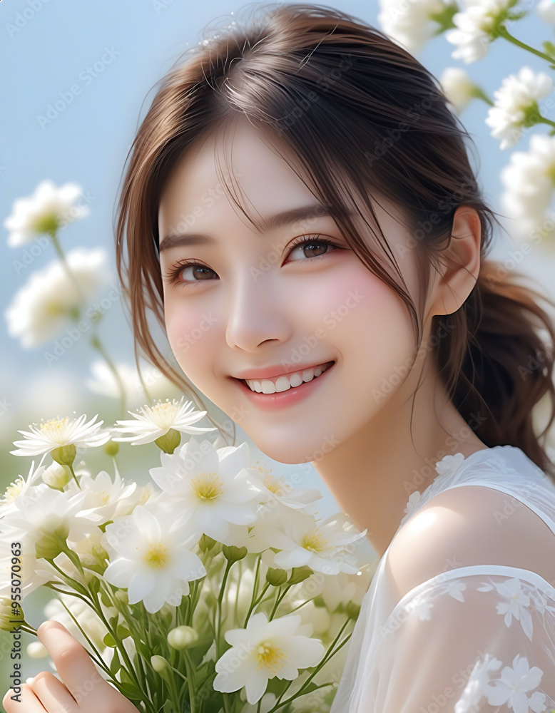 Beauty portrait of a beautiful young woman. Beautiful natural face, beauty image, white flowers. 美しい若い女性の美容ポートレート。美しい素顔、美容イメージ、白い花。 Beauty portrait of a beautiful young woman. Beautiful natural face, beauty image, white flowers. 美しい若い女性の美容ポートレート。美しい素顔、美容イメージ、白い花。