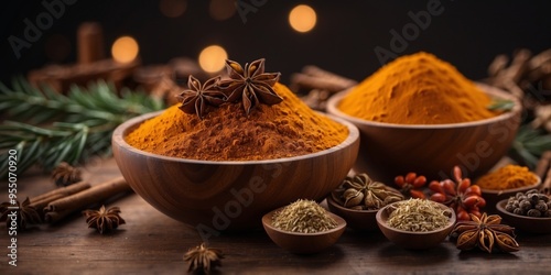 Festive spices and herbs in a wooden bowl. photo