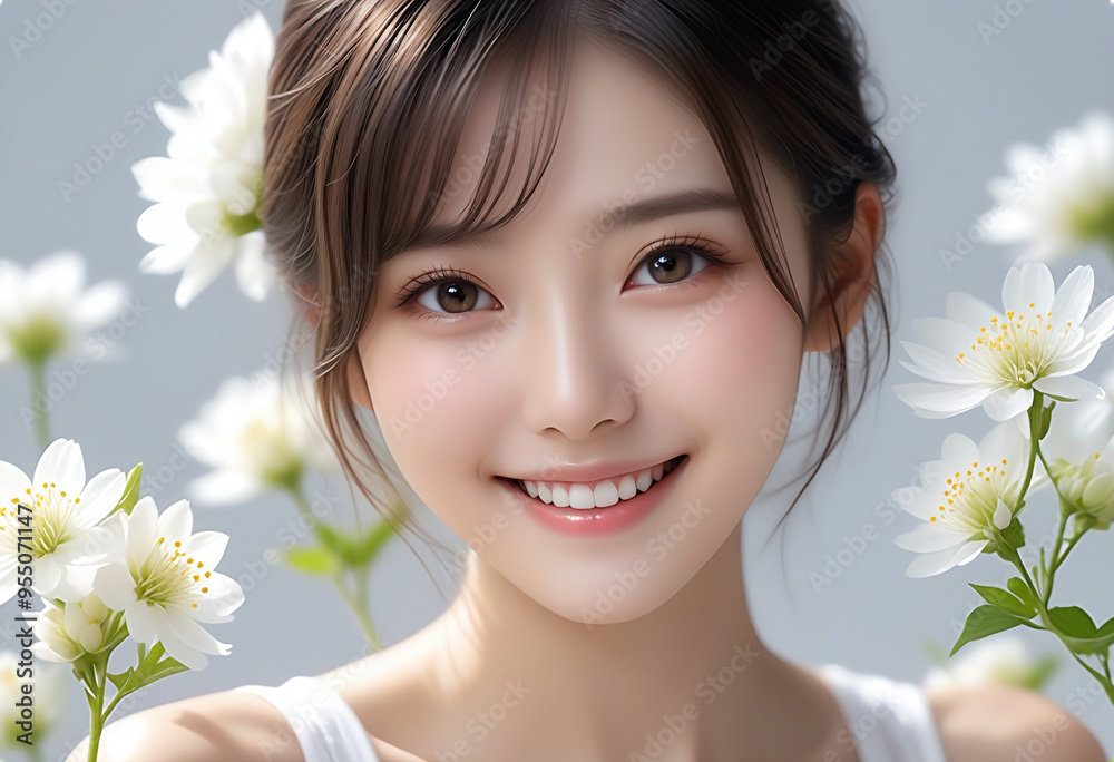 Beauty portrait of a beautiful young woman. Beautiful natural face, beauty image, white flowers. 美しい若い女性の美容ポートレート。美しい素顔、美容イメージ、白い花。 Beauty portrait of a beautiful young woman. Beautiful natural face, beauty image, white flowers. 美しい若い女性の美容ポートレート。美しい素顔、美容イメージ、白い花。