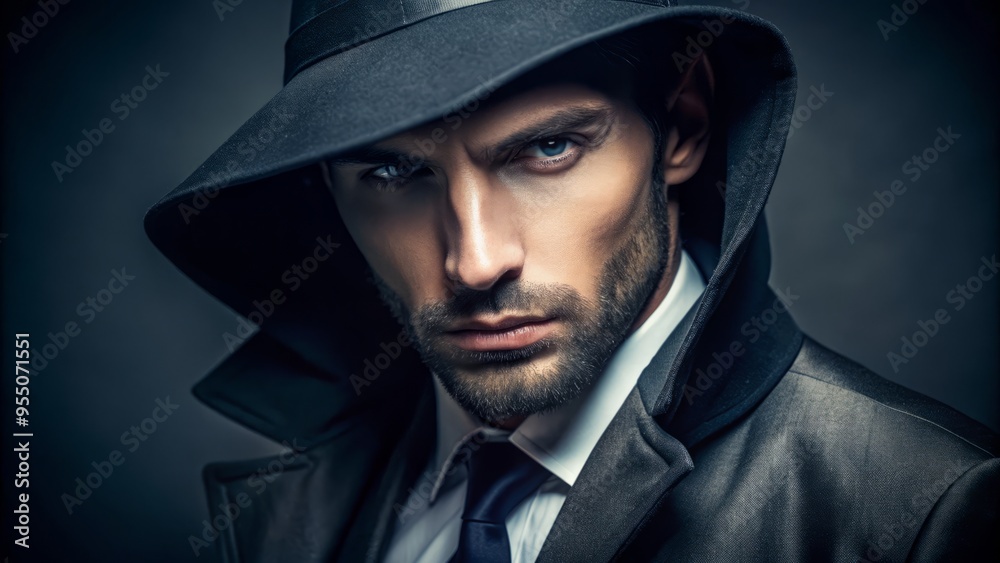 Mysterious figure with intense, partially obscured gaze, surrounded by shadows, evoking an air of secrecy and intrigue, with a hint of mystique and sophistication.