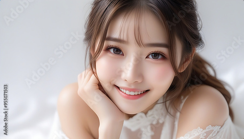 Beauty portrait of a beautiful young woman. Beautiful natural face, beauty image, white flowers. 美しい若い女性の美容ポートレート。美しい素顔、美容イメージ、白い花。