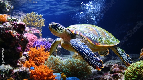 A vibrant sea turtle swimming through colorful coral reefs in a serene underwater scene.