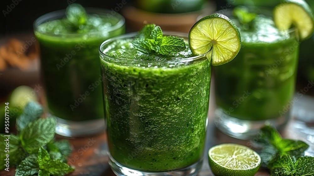 Refreshing Green Smoothie with Mint and Lime Garnish in Tall Glass Refreshing Green Smoothie with Mint and Lime Garnish in Tall Glass
