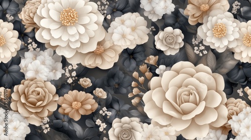 Elegant floral pattern featuring soft beige and white blooms against a dark background, perfect for various design projects.