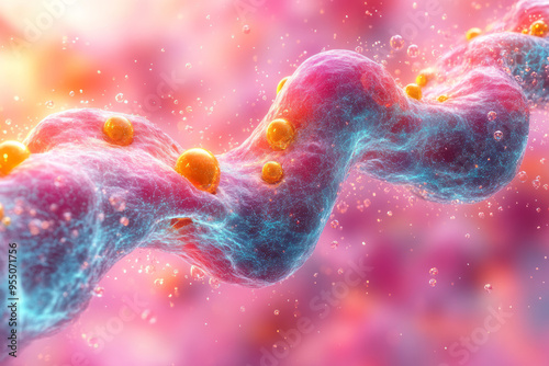 A creative depiction of synaptic communication, with neurotransmitters represented by colorful orbs moving across a digital synapse, isolated on a pastel pink background, photo