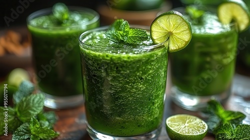 Refreshing Green Smoothie with Mint and Lime Garnish in Tall Glass