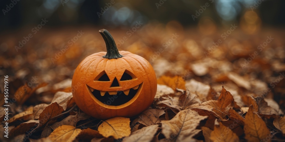 Happy Halloween A close-up of a cute pumpkin with a surprised face sitting on a pile of leaves The pumpkin is orange, with a big wide mouth. Happy Halloween A close-up of a cute pumpkin with a surprised face sitting on a pile of leaves The pumpkin is orange, with a big wide mouth.