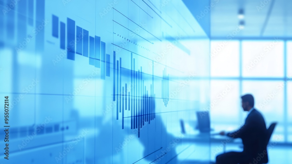 Abstract blue chart with a blurred silhouette of a man working in the background. Abstract blue chart with a blurred silhouette of a man working in the background.
