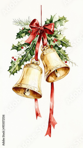 Jingle All The Way: Golden Bells Adorned with Festive Holly and a Red Bow photo