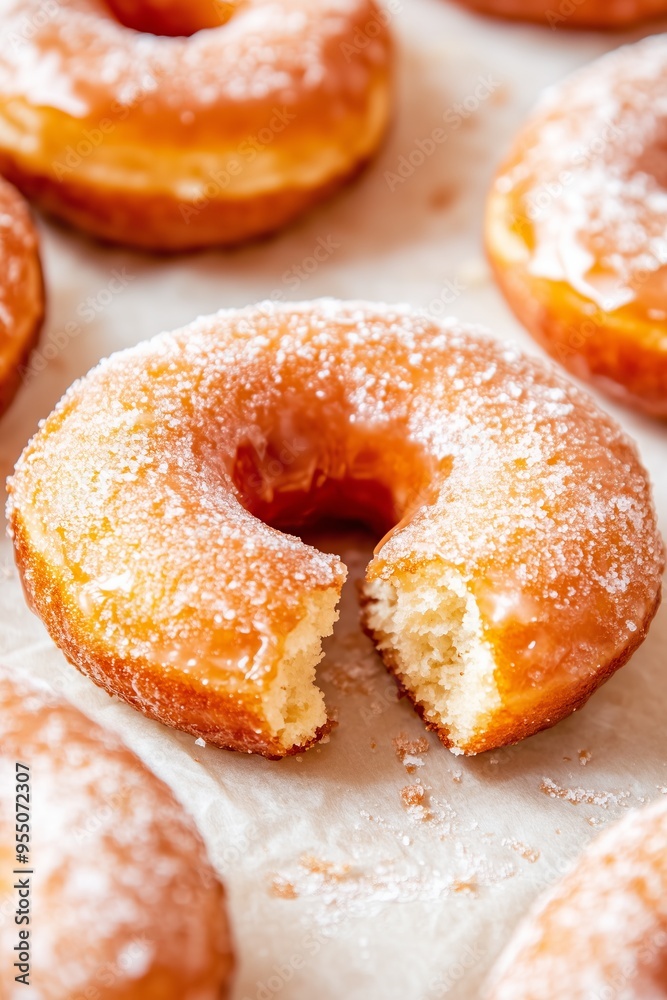 freshly glazed gingerbread donuts on parchment paper, with one donut broken open to reveal the soft, spiced interior freshly glazed gingerbread donuts on parchment paper, with one donut broken open to reveal the soft, spiced interior