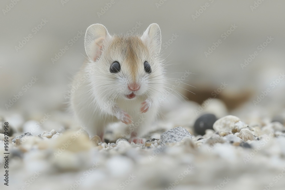 A Tiny White Mouse With Large Eyes Standing On Gravel A Tiny White Mouse With Large Eyes Standing On Gravel