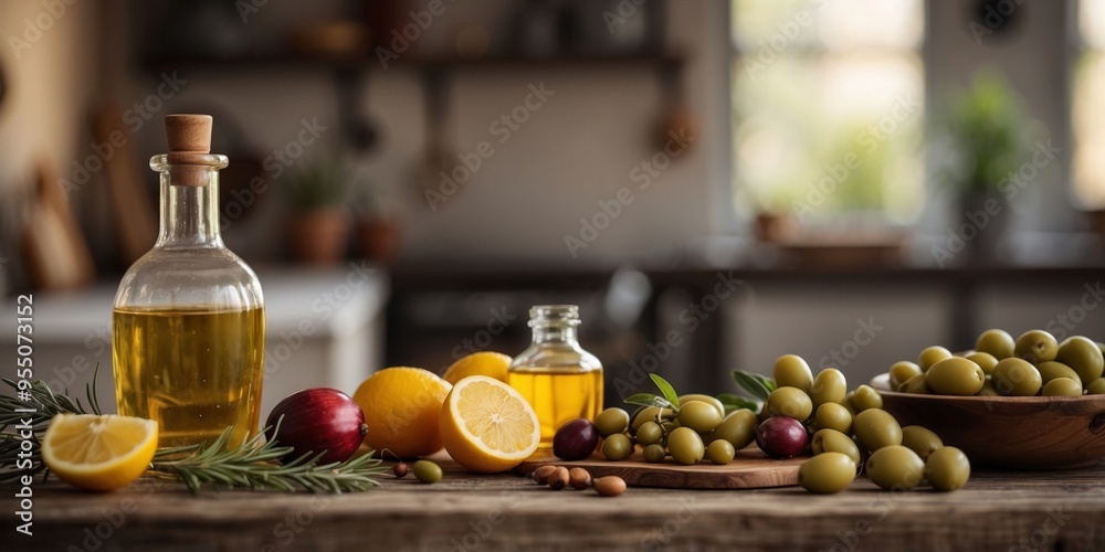 Rustic kitchen scene with various ingredients and olive oil. Rustic kitchen scene with various ingredients and olive oil.