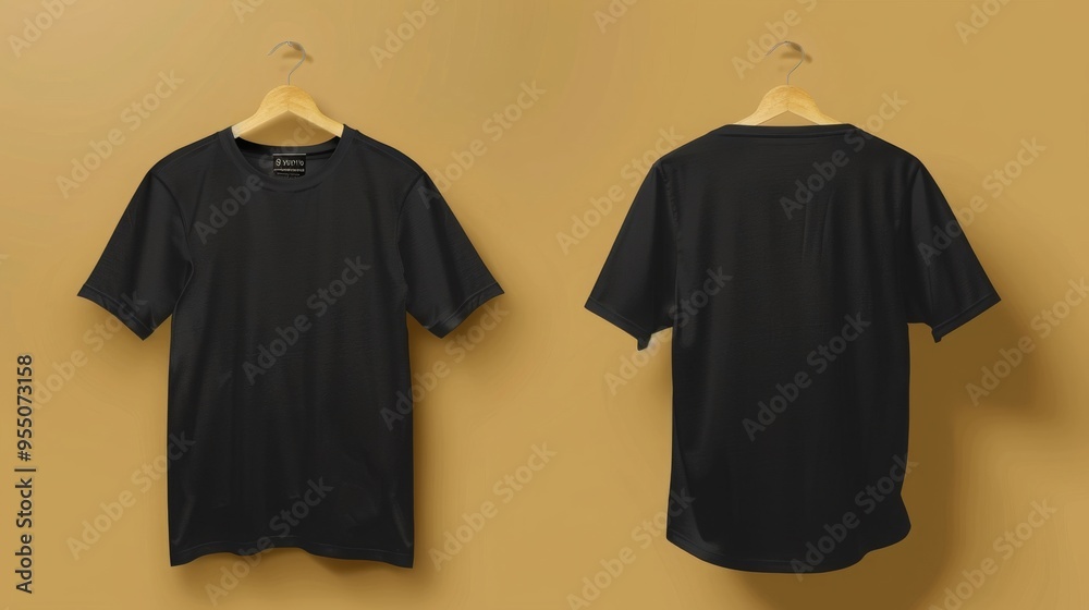 Blank black T-shirt mock-up on wooden hanger, front and back view Blank black T-shirt mock-up on wooden hanger, front and back view