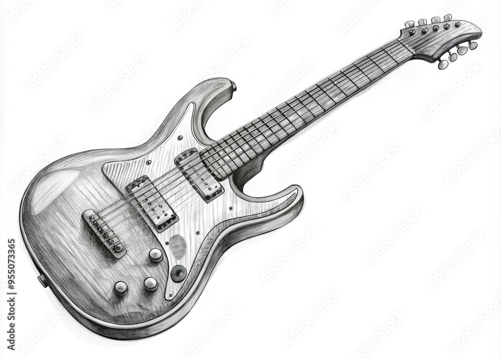 Obraz premium Black And White Hand-Drawn Sketch Of An Electric Guitar With A Solid Body And Double Cutaway, Shown From A Three-Quarter Front Perspective
