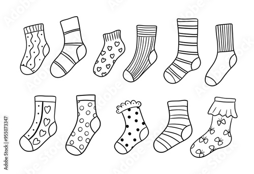Cute socks, doodle line illustrations set isolated on white background