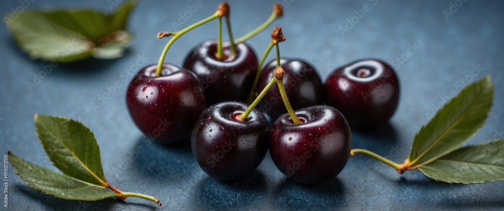 Fresh ripe black cherries on a blue stone background Top view.